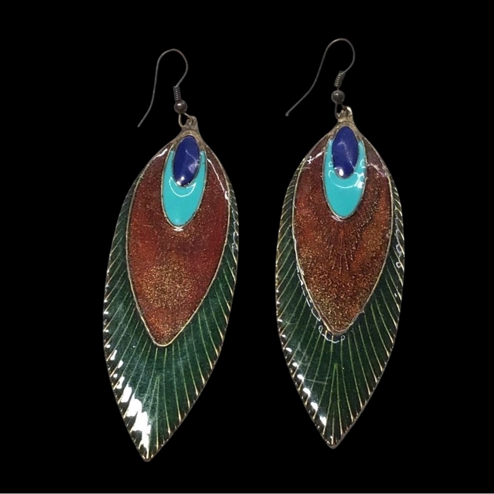 Bohemian Style Long Leaf Drop Earrings With Intricate Design & Colorful Enamel A